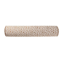 Woven leopard print bolster decorative pillow, beige fabric with brown leopard spots.