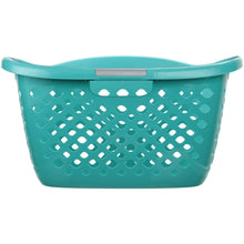 Teal plastic laundry basket with rectangular perforated body and top handle