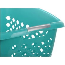 Teal plastic laundry basket with perforated rim detail and silver handle bar