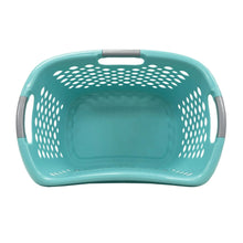 Teal plastic laundry basket with perforated sides and open interior base