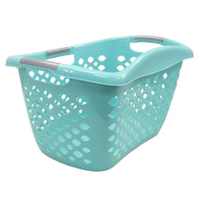 Teal plastic laundry basket with hip-grip handles and perforated sides
