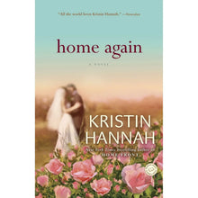 Paperback novel cover, Home Again by Kristin Hannah, pastel landscape with flowers