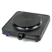 Single-burner hot plate with round coil, black top, blue power indicator light