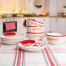 8-piece Santa face plates and bowls set, white ceramic with red rims