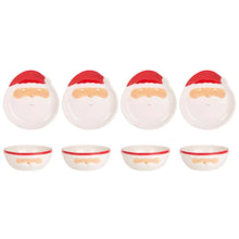 Santa face plates and bowls set in white ceramic with red rims