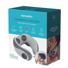 Homedics portable neck massager retail box, gray device shown