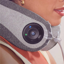 Portable neck massager control pad with touch icons on gray neck strap