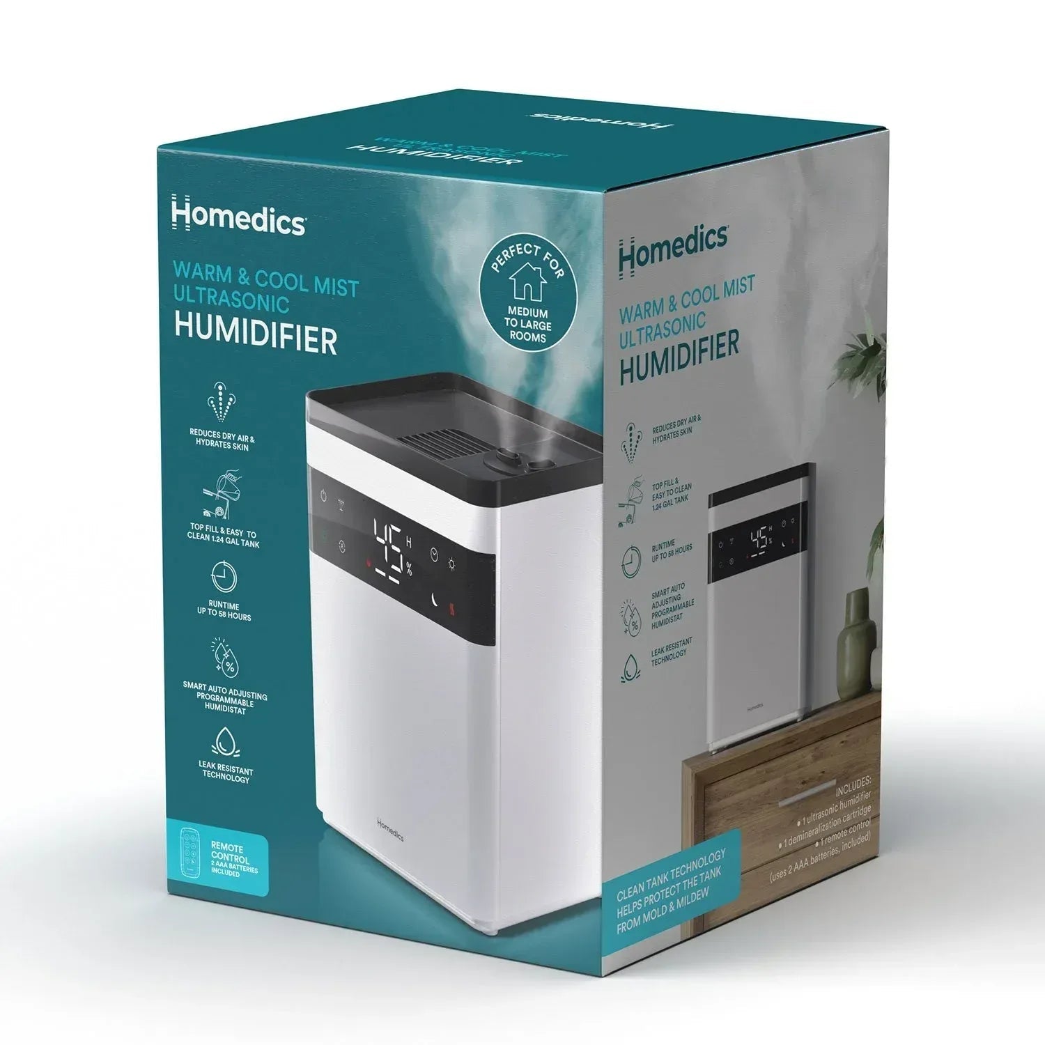 Homedics Premium Warm & Cool Mist Ultrasonic Humidifier, Topfill, 58 Hour Runtime