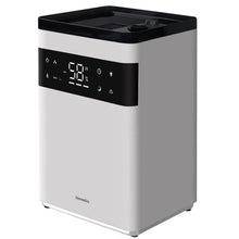 Ultrasonic humidifier angled view with top air vents and digital control panel