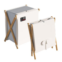 XL towel warmer with open top and wooden folding stand, white case