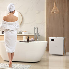 XL towel warmer beside bathtub, white case on wooden stand with display