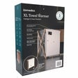 Homedics XL towel warmer box with dimensions and feature icons