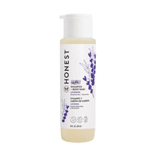 Honest calming lavender baby shampoo and body wash bottle, back label