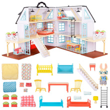 Three-story country dollhouse with white frame, blue windows, balcony and stairs