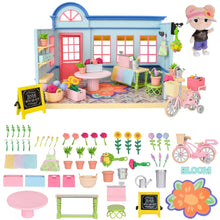 Kids flower shop dollhouse playset with small accessories and pink bicycle cart