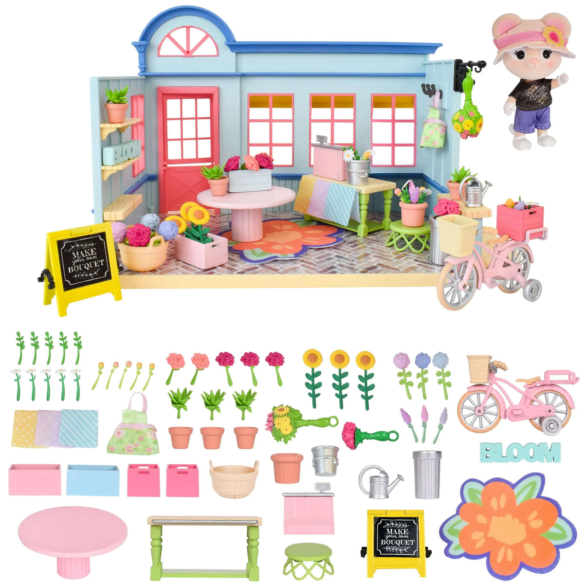 Honey Bee Acres In Bloom Flower Shop Dollhouse – 59 small accessories, Pretend Set for Kids Ages 3+ - USA MEGA SHOP
