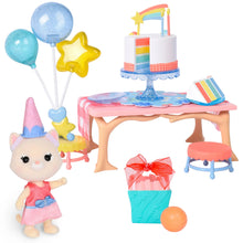 Unicorn-themed birthday cake stand playset with doll, rainbow cake, balloon bouquet, and gift ball
