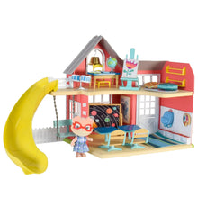 Two-story miniature dollhouse play set in red with furniture, porch, and fox figure