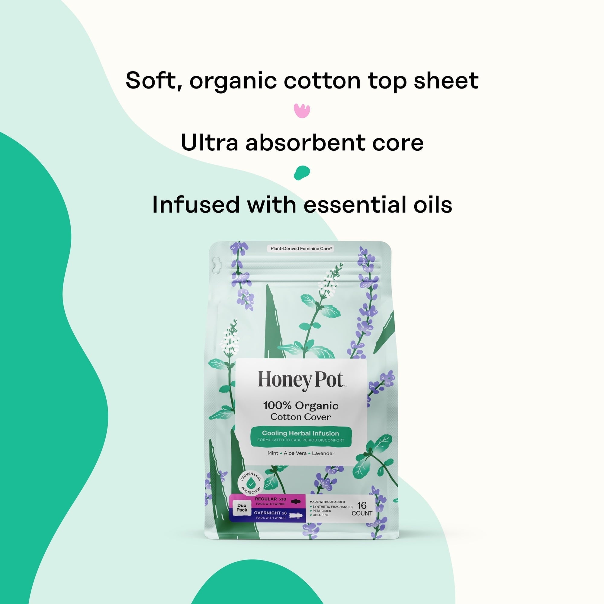 Honey Pot 100% Organic Cotton Cover Cooling Regular Overnight Duo Pads, 16 Count (PACK OF 3 )