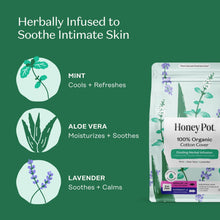 Honey Pot organic cotton cover overnight pads with mint, aloe vera, lavender icons