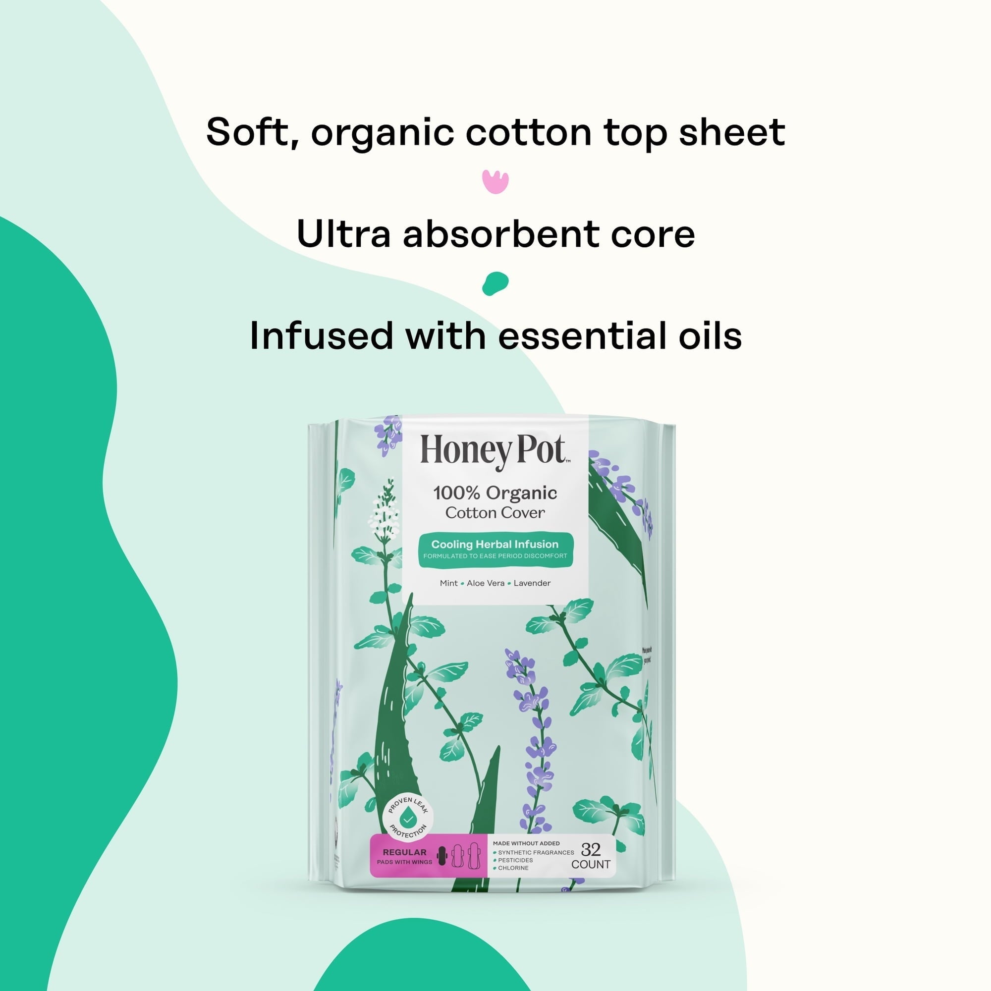 Honey Pot 100% Organic Cotton Cover Cooling Regular Pad, 32 Count (PACK OF 3 )