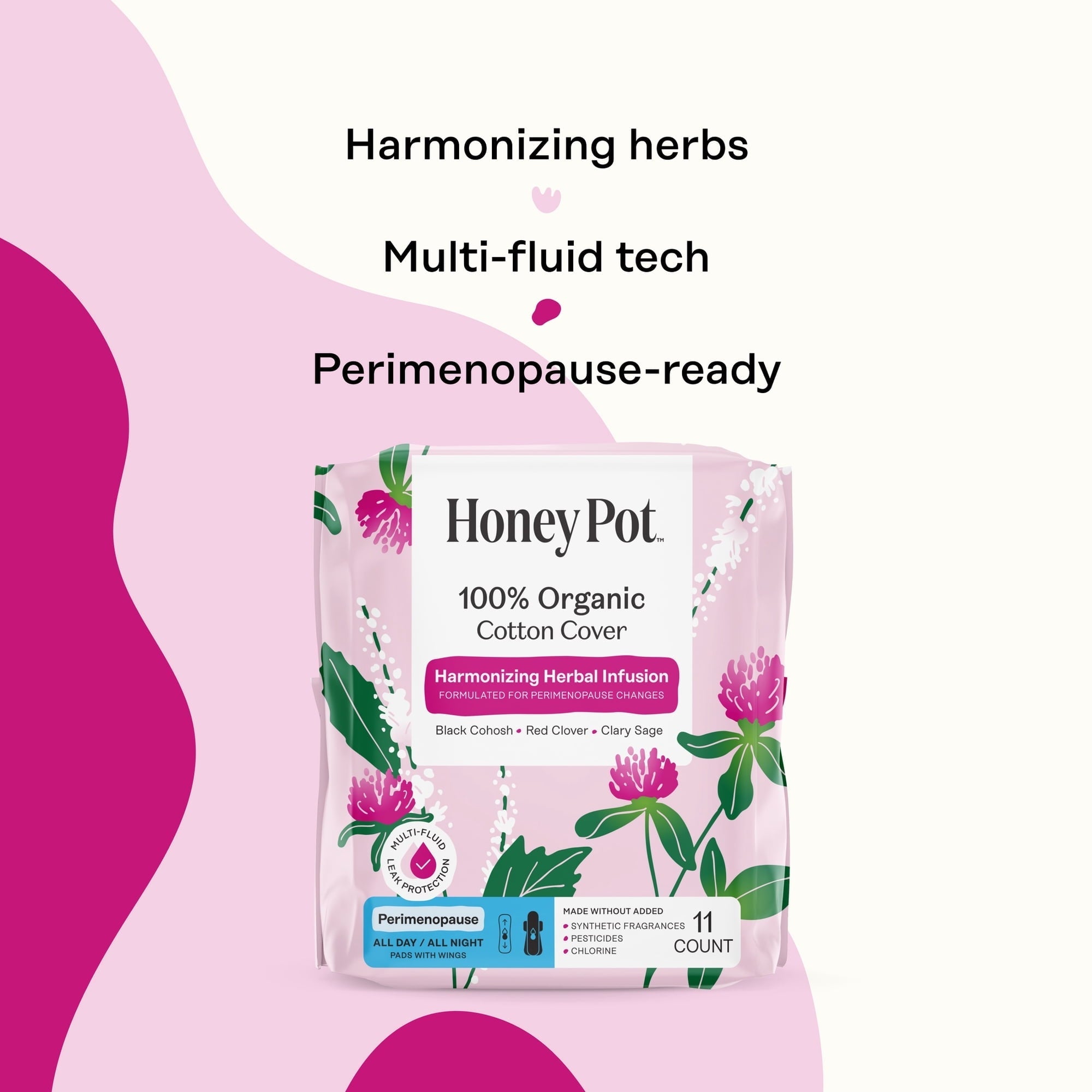 Honey Pot 100% Organic Cotton Cover Peri-menopause All Day and Night Pad, 11 Count (PACK OF 3 )