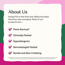 Honey Pot brand info card listing plant-derived, clinically tested, and hypoallergenic
