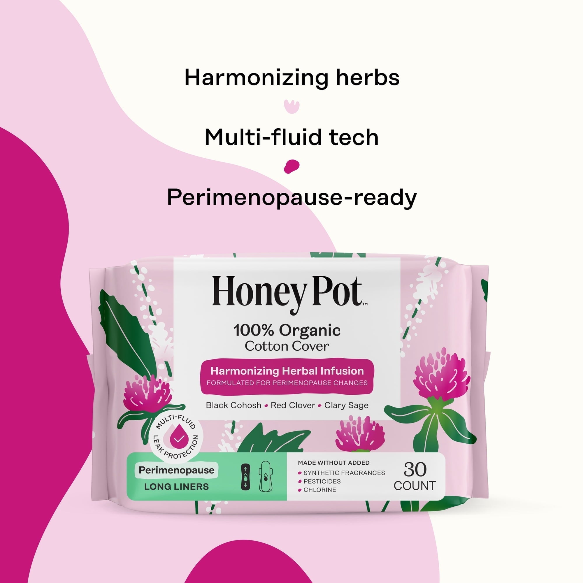 Honey Pot 100% Organic Cotton Cover Peri-menopause Long Liner, 30 Count (PACK OF 3 )
