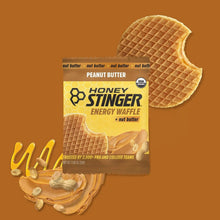 Honey Stinger peanut butter energy waffle pouch with waffle pieces and peanuts