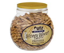 Jar of honey wheat twisted pretzels with front label and yellow lid