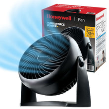 Black table fan with turbo-style fan blades and angled pivot head on a stand