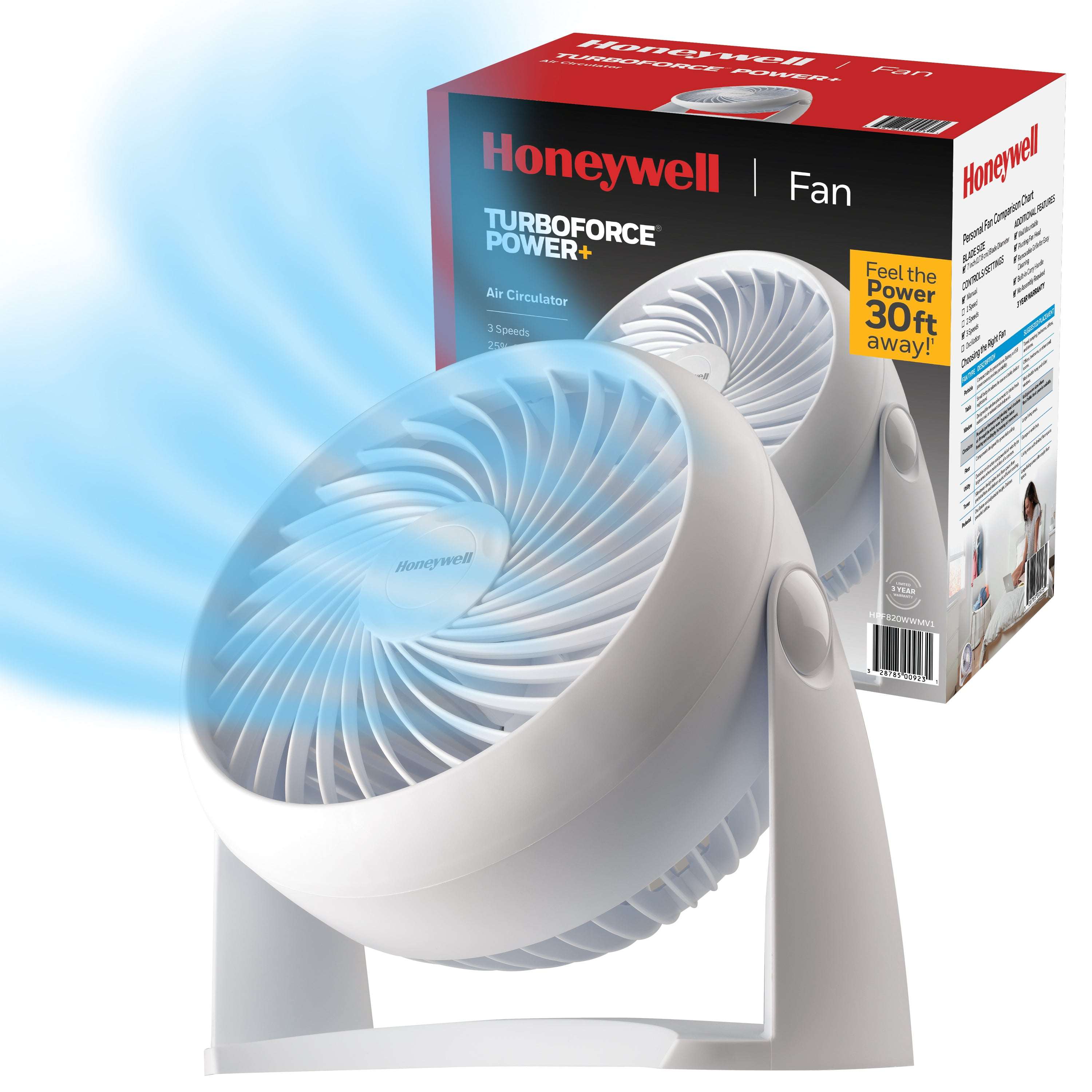 Honeywell 10” Black Turbo Force Power Table Fan, 30ft. Air Circulation Power, 3 Speed, 90° Pivot, HPF820BWM