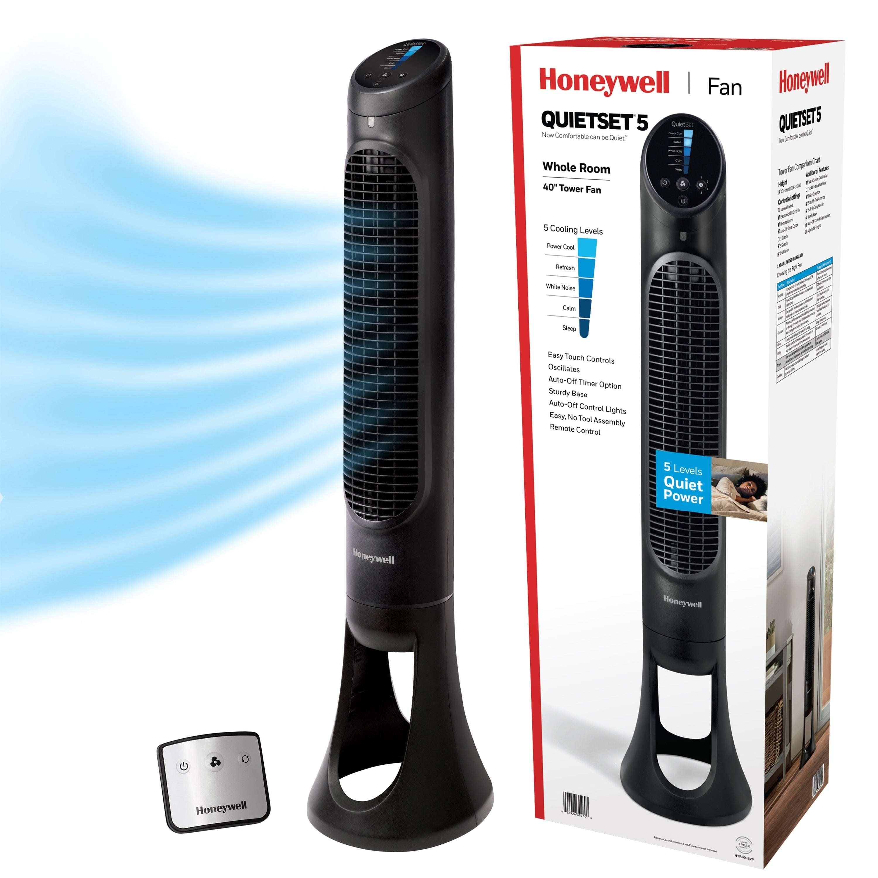 Honeywell 40" White Quiet Set Oscillating Tower Fan, 30ft Air Circulation Power, 5 Speed, Auto Off Timer, HYF260W