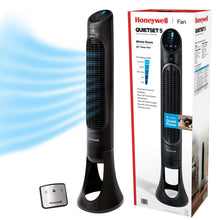 Black oscillating tower fan with front grille and included remote control