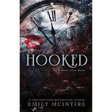 Paperback novel book cover with HOOKED title and clock face artwork, dark background