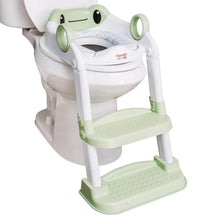 Toddler step up potty with frog face, white seat and green ladder steps