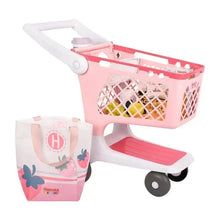 Pink and white kids shopping cart with included shopping bag