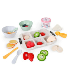 Doll breakfast yogurt set with bowls, utensils, and fruit slices in divided tray