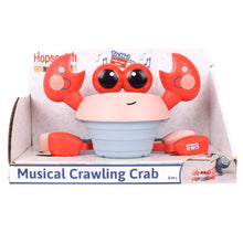 Musical crawling crab toy retail box, red crab with big black eyes and blue base