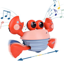 Musical crawling crab toy, red arms and body with blue striped base, big black eyes