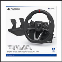 Racing wheel controller with steering wheel, buttons, and pedal set on base