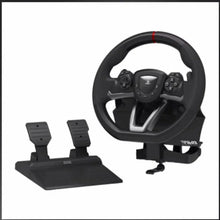 Racing wheel and pedal unit with black steering rim and PlayStation-style buttons