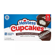 Frosted chocolate cupcakes package front with creamy filling and 16 cakes label