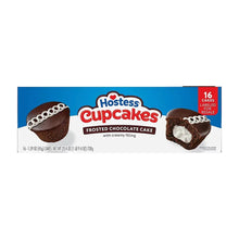 Frosted chocolate cupcakes package side showing 16 cakes and creamy filling