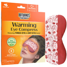 Warming eye compress, red fabric with white swirl pattern and teardrop eye-mask shape