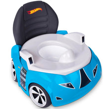 Blue Hot Wheels race car potty trainer with detachable dark seat lid