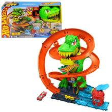 Dinosaur T-Rex battle playset with orange spiral track, green T-rex figure, toy cars