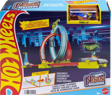 Hot Wheels Neon Speeders laser stunt track set with 1 car, tri-colored loop pieces