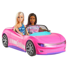 Pink Barbie RC convertible car with 2 seated Barbie dolls and blue interior