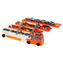 Orange and white car hauler truck playset with open side bays and die-cast cars inside